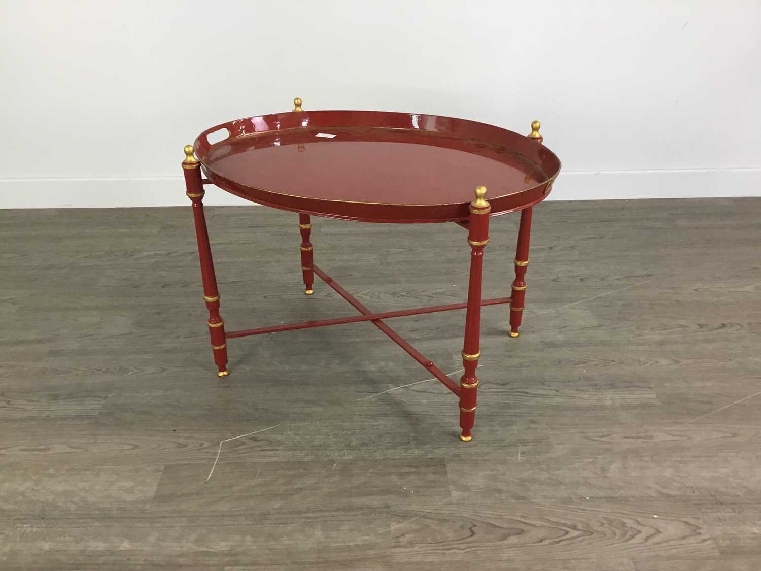 Lot 1099 - AN ITALIAN ENAMELLED METAL OVAL TRAY ON STAND