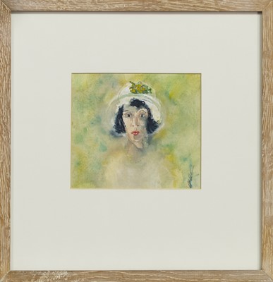 Lot 238 - LADY WITH HAT, A WATERCOLOUR BY MICHAEL GIBBISON