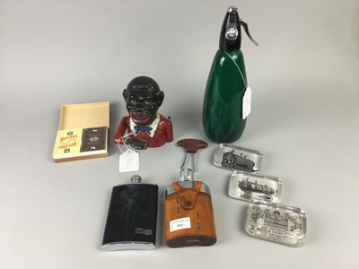 Lot 552 - A VINTAGE SPARKLETS SODA SYPHON, TWO HIP FLASKS AND OTHER ITEMS