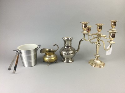 Lot 554 - A SILVER PLATED THREE PIECE TEA SERVICE ALONG WITH OTHER PLATE