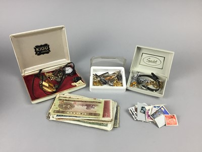 Lot 576 - A COLLECTION OF COINS, BANKNOTES, STAMPS AND COSTUME JEWELLERY