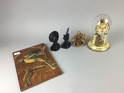 Lot 577 - A CHINESE SOAPSTONE CARVING, WOODEN PANELS AND A CLOCK