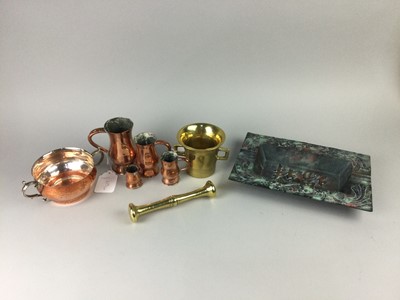 Lot 619 - A BRASS MORTAR AND PESTLE, COPPER MEASURES AND OTHER ITEMS