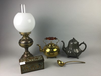 Lot 61 - A BRASS CASKET OF ARTS & CRAFTS DESIGN, AN OIL LAMP AND OTHER ITEMS