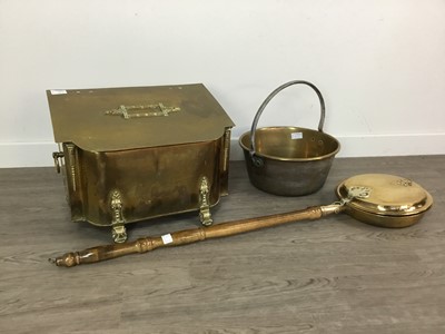 Lot 71 - A BRASS LOG BIN, JELLY PAN AND BED WARMING PAN