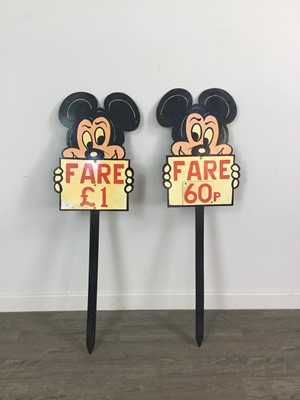 Lot 1130 - TWO HAND PAINTED WOOD MICKEY MOUSE FAIRGROUND SIGNS ON POSTS