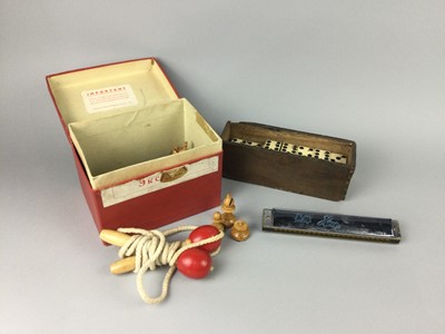 Lot 213 - A HECO CASED HARMONICA, VINTAGE DOMINOES, CHESS PIECES AND SKIPPING ROPES