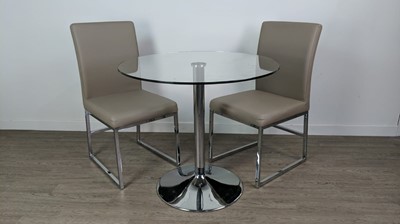 Lot 199 - A MODERN GLASS TOPPED CIRCULAR TABLE AND FOUR CHAIRS