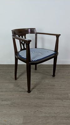 Lot 202 - A MAHOGANY OPEN TUB CHAIR AND TWO MODERN METAL BAR STOOLS