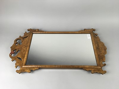 Lot 38 - A GEORGE III STYLE WALNUT WALL MIRROR AND PHOTOGRAPH FRAMES