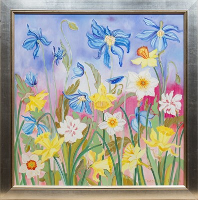 Lot 107 - DAFFODILS AND MECONOPSIS, AN OIL BY FRASER MACIVER