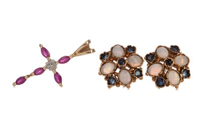 Lot 1499 - RUBY CROSS PENDANT AND A PAIR OF OPAL AND SAPPHIRE EARRINGS
