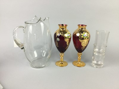 Lot 110 - A GLASS LEMONADE SET, ALONG WITH A COLLECTION OF COLOURED GLASS