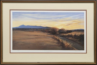 Lot 175 - THE BACK O'BENNACHIE SUNSET, A PRINT BY ERIC AULD