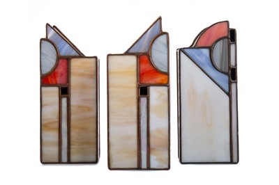 Lot 1159 - A PAIR OF ART DECO STYLE STAINED GLASS VASES AND ANOTHER SIMILAR