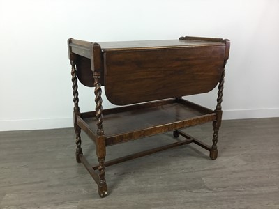 Lot 281 - AN OAK DROP LEAF TWO TIER SIDE TABLE, VICTORIAN FOOTSTOOL AND TWO CHAIRS