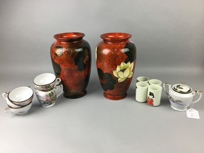 Lot 290 - A PAIR OF JAPANESE VASES ON STANDS, ANOTHER PAIR OF VASES AND OTHER OBJECTS