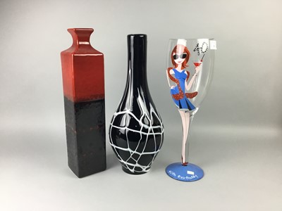 Lot 291 - A CONTEMPORARY CERAMIC VASE, FIVE OTHERS AND AN OVERSIZED WINE GLASS