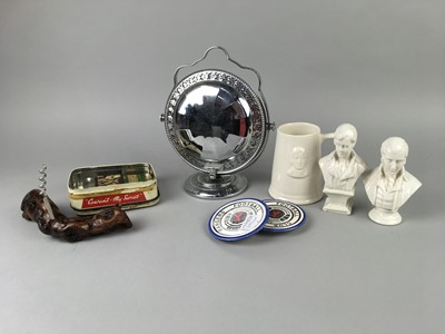 Lot 295 - A LOT OF TWO ROOTWOOD CORK SCREWS, DESK CLOCK, PORCELAIN BUSTS AND OTHER OBJECTS