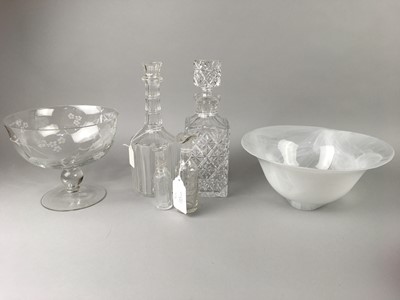 Lot 135 - A 19TH CENTURY GLASS DECANTER ALONG WITH OTHER GLASS WARE