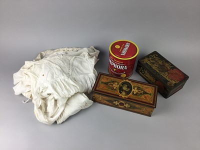 Lot 260 - A LOT OF TWO EARLY 20TH CENTURY CHRISTENING DRESSES AND VINTAGE TINS AND MAPS