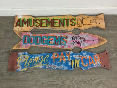 Lot 1164 - A SET OF THREE HANGING PAINTED WOOD FAIRGROUND SIGNS