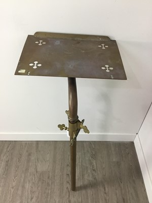 Lot 327 - A LATE 19TH CENTURY BRASS WALL MOUNTING LECTERN AND WOODEN SHOE LAST