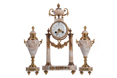 Lot 604 - A LATE 19TH CENTURY MARBLE AND BRASS CLOCK GARNITURE