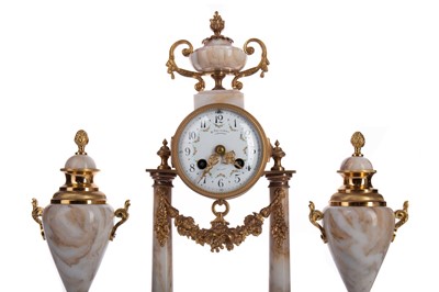 Lot 604 - A LATE 19TH CENTURY MARBLE AND BRASS CLOCK GARNITURE