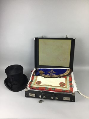 Lot 150 - A BLACK SILK TOP HAT ALONG WITH MASONIC APRONS