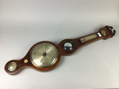 Lot 300 - A MAHOGANY BANJO BAROMETER