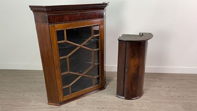 Lot 297 - A MAHOGANY WALL MOUNTING CORNER DISPLAY CABINET AND ANOTHER