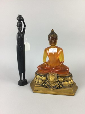 Lot 178 - A RESIN BUDDHA FIGURE ALONG WITH AN AFRICAN WOODEN CARVING