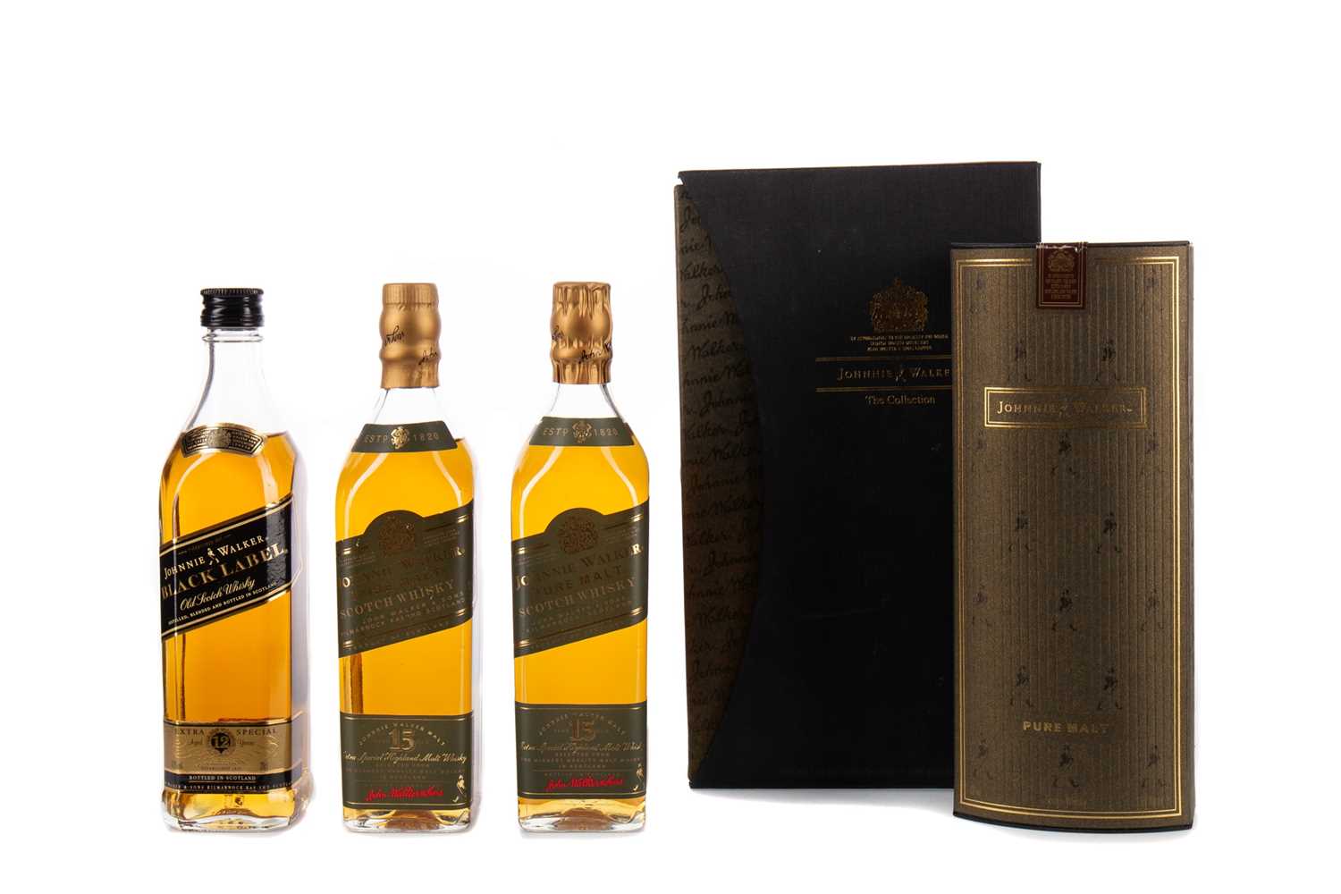 Lot 123 - TWO QUARTER BOTTLES OF JOHNNIE WALKER PURE MALT 15 YEARS OLD, AND ONE JOHNNIE WALKER BLACK LABEL