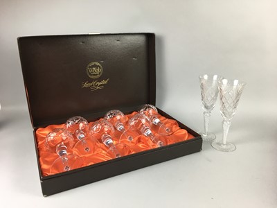Lot 168 - A BOXED SET OF SIX WEBB CRYSTAL HOCK GLASSES ALONG WITH WINE GLASSES