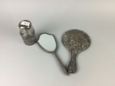 Lot 409 - A SILVER AND TORTOISESHELL SHIELD SHAPED HAND MIRROR, ANOTHER AND A GLASS BOTTLE