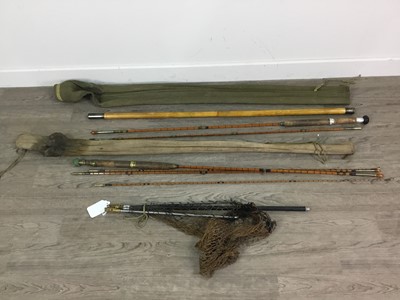 Lot 418 - A LOT OF TWO VINTAGE FISHING RODS AND A FISHING NET