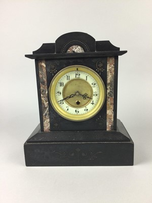 Lot 349 - A LATE 19TH CENTURY BLACK SLATE MANTEL CLOCK