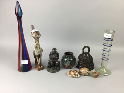 Lot 397 - A BRONZE TABLE BELL, BRONZE RESIN FIGURE AND OTHER OBJECTS