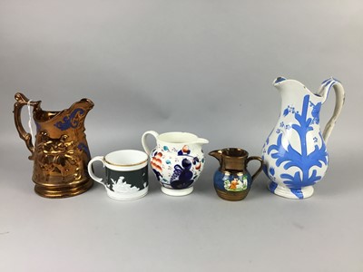 Lot 173 - A LOT OF TWO 19TH CENTURY COPPER LUSTRE JUGS, TWO OTHER JUGS AND A MUG