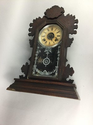 Lot 378 - A LATE 19TH/EARLY 20TH CENTURY GINGERBREAD MANTEL CLOCK, ALONG WITH ANOTHER