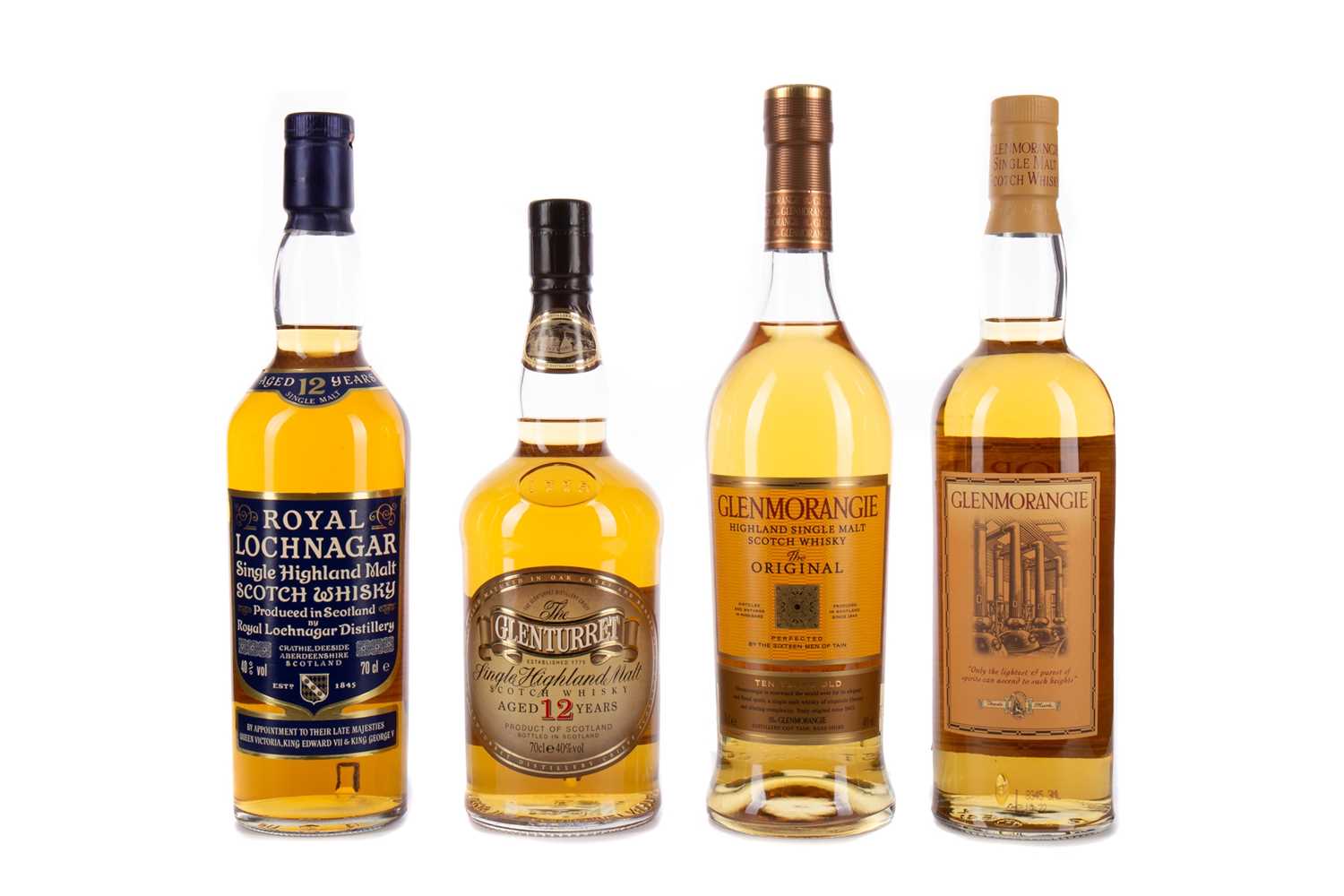 Lot 160 - ROYAL LOCHNAGAR AGED 12 YEARS, GLENTURRET AGED 12 YEARS AND TWO GLENMORANGIE 10 YEARS OLD