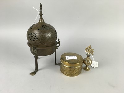 Lot 442 - A PERSIAN COPPER INCENSE BURNER AND OTHERS