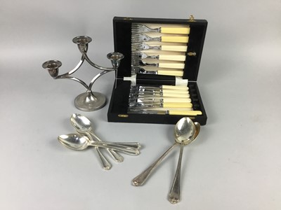 Lot 485 - A SET OF SILVER PLATED FISH KNIVES AND FORKS, OTHER FLATWARE AND A CANDLEABRUM