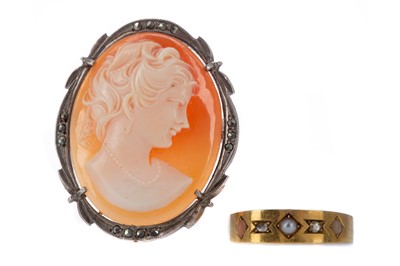 Lot 447 - A VICTORIAN GOLD RING ALONG WITH A CAMEO BROOCH
