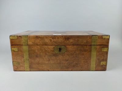 Lot 453 - A VICTORIAN WALNUT AND BRASS BOUND PORTABLE WRITING BOX