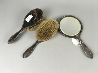 Lot 573 - A THREE PIECE SILVER AND TORTOISESHELL DRESSING SET