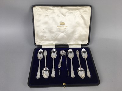 Lot 571 - A SET OF SIX SILVER TEASPOONS WITH SUGAR TONGS, AND A SILVER SALT SPOON