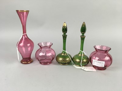 Lot 531 - A PAIR OF BOHEMIAN GREEN GLASS PERFUME BOTTLES AND OTHERS