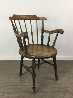 Lot 589 - AN ASH STICK BACK ARMCHAIR, ALONG WITH A STOOL